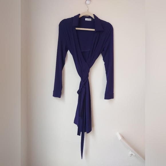 Classic Calvin Klein Purple Collared Long Sleeve Wrap Dress, Size 10 - Picture 3 of 10